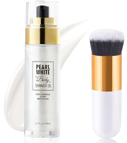 Body highlighter olja, body luminizer mögelolja, flytande glitter body glitter olja med sminkborstar, naturlig fukt kropp glow skimmer makeup för ansikte kropp ben (pärlvit)