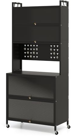 GOPLUS Köksskåp med 5/6 nivåer, bufféskåp med bänkskiva och skåp, förvaringsskåp med fällbara dörrar, krokar, köksbuffé med hjul, mikrovågsugnsskåp (svart, 80 x 40 x 178 cm)