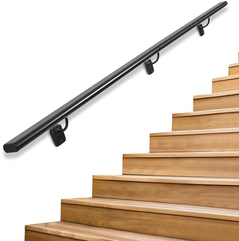 SDNBHT Industrial Stair Handrail Wall-Mounted Hand Rails for Indoor Stairs Black Pipe Stair Railing Indoor Metal Hand Rail for Indoor & Outdoor Steps Aluminum Staircase Handrail for Stairs 5ft