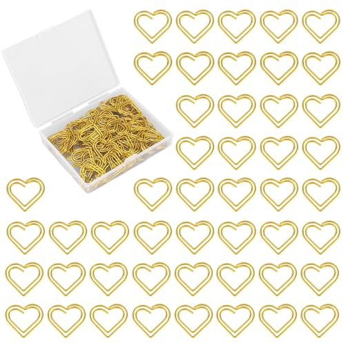 Gosknor 100pcs Gold Heart Paper Clips, Cute Love Heart Decorative Paper Clips Bookmark Small Metal Paperclips for Home Office School Notes & Document Organizing Wedding Decor Crafts