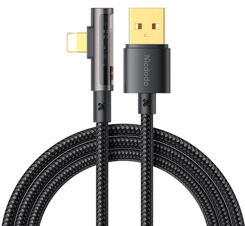 mcdodo Cable Lightning USB para iPhone 90 grados, cable de carga rápida transparente, 1,2 m con 3 A Max, compatible con iPhone X/XR/XS/11/12/13/14/SE/iPad/AirPods