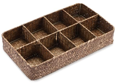 SUMTree Teebeutel Organizer Box Aufbewahrungsbox mit 8 Fächern Geflochten Aufbewahrungskorb aus Seegras 34,5x20x6 cm Kaffeefarben Teebeutelablagen für Kaffeebeutel, Gewürzbeutel für Büro, Esszimmer