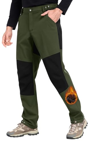 Xnova Pantaloni Trekking Uomo Invernali in Pile Pantalone da Lavoro Impermeabili Termici, Pantaloni Felpati Caldo Cargo Pantaloni Softshell Montagna Caccia con Vita Elasticizzati, Verde Militare, L