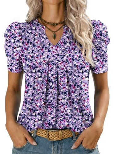 Kistore V Neck Tops for Women UK Short Sleeve Ladies Tops Purple White XXL