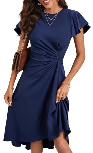 HUXRAKV Robe Femme Chic et Elegant Midi Robe de Cocktail Mancheà Volants Robe Unie A-Line à Plis de Taille Robe de Soirée Fête Affaires,52-Bleu Marine,M