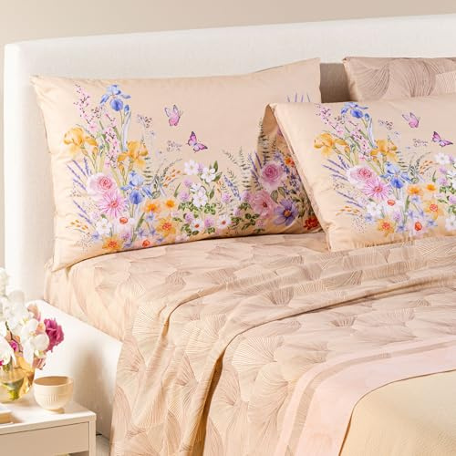 Caleffi Completo Lenzuola Matrimoniali Art. Yasmine in 100% Cotone – Set 4 Pezzi con Federe 50x80 – Fantasia Floreale (Naturale)