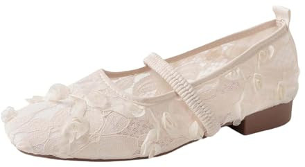 Dam, vit spets, Mary Jane Flats, 3D, blommig, nät, balettskor med elastisk rem, för sommarbröllop och trädgårdsfester