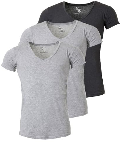 Young & Rich Herren Uni T-Shirt mit extra tiefem V-Ausschnitt Slimfit Stretch Dehnbare Passform einfarbiges Basic Shirt - 3er Pack, Grösse:M, Farbe:2 x Grau / 1 x Dunkelgrau