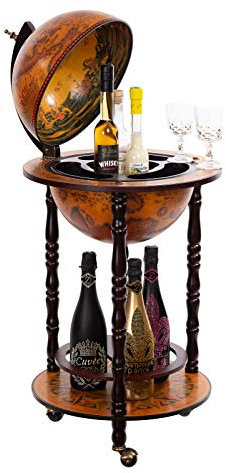 Riesiger Barwagen 33001 R, mit massiven Eukalyptusholz Säulen, in Antikbraun geöffnet 100 cm hoch und 44 cm breit, mit Rollen, antike Weltkugel Globusbar, Bartisch, Hausbar, Barwagen, Weltkugel