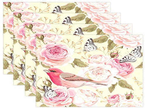 Use7 Tischset mit englischen Rosen und Vögeln, 30,5 x 45,7 cm, Polyester, für Küche, Esszimmer, 4 Stück