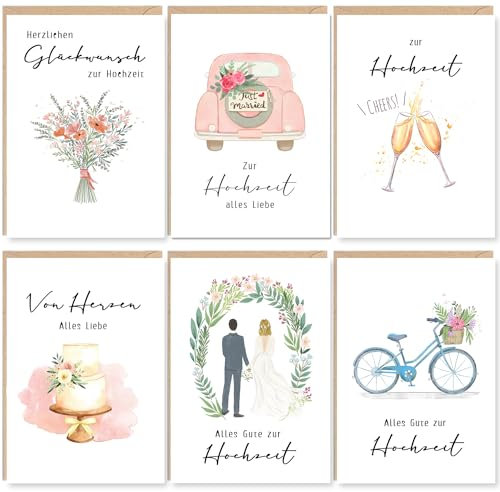 Ozagkad 6er Set Hochzeitskarte, Glückwunschkarte Hochzeit mit Umschläge, Alles Gute zur Hochzeit, Von Herzen alles Liebe, Karte für Brautpartys Verlobungsfeiern