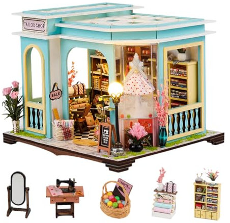 Kit miniature de maison de poupée DIY - Échelle 1:24 - Avec meubles - Lumières LED en bois - Puzzle mains - Artisanat pour adultes, enfants, adolescents, cadeau d'anniversaire (magasin de tailleur)