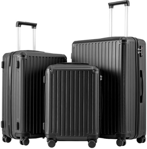 COOLIFE Koffer Trolley-Koffer Hartschalen-Koffer Rollkoffer Reisekoffervon ABS-Material mit TSA-Schloss Teleskopgriff und 4 Zwillingsrollen (Schwarz, Koffer-Set)