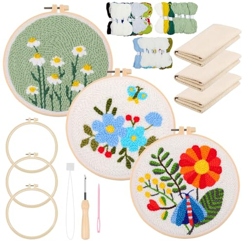 Allazone 3 stycken stansnålbroderi startkit, stansnål, broderi med blommönster, gör-det-själv stansnål, sats med broderiram, garn, trådhjälpmedel