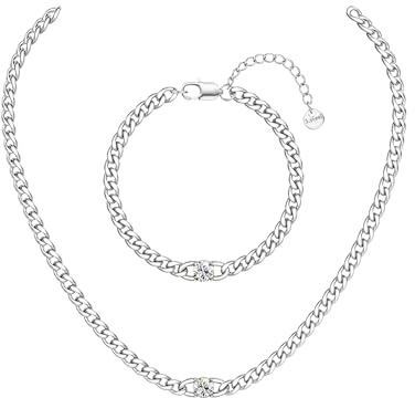 Adramata Collar de Cadena Cubana y Brazalete para Mujer - Cadena de Acero Inoxidable Bañado Oro 14K - Set Joyería con Circonitas - Resistente Agua - 40/45/50CM - Regalo Elegante