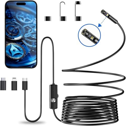 Okaywork Endoscopio - telecamera endoscopica con luce, telecamera endoscopica per cellulare con luce impermeabile Ip67, telecamera endoscopica con 8 luci LED, 3 in 1 per telecamera endoscopica.