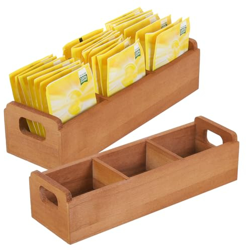 QUARKZMAN Organizzatore per Bustine di Tè, Scatola per Tè in Legno di Pino con 3 Scomparti e Maniglia, Porta Bustine di Tè per Bevande, Zucchero, Colore Marrone
