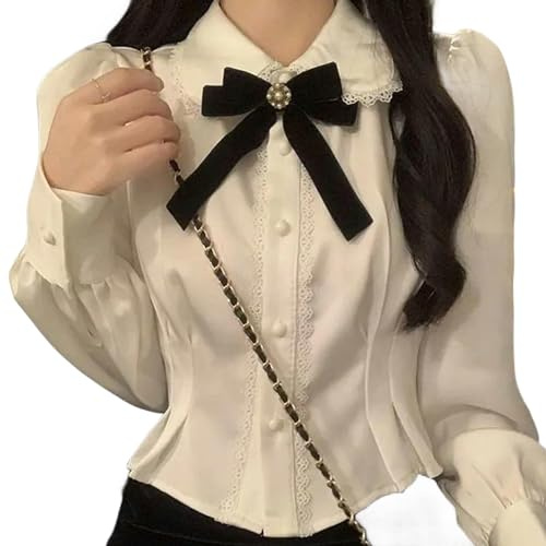 Camicie Kawaii Donna Pizzo Lolita Camicette Tuniche Peter Pan Coller Crop Manica Lunga Dolce Top, bianco, L