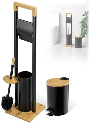 KADAX Porta carta igienica con scopino integrato e secchio per cosmetici, porta carta igienica in piedi con scopino, porta carta igienica (nero)