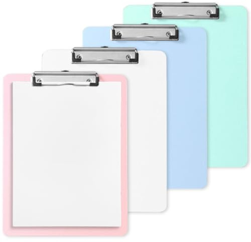 4 Porte Bloc A4 en Plastique Rigide avec Pince Métal et Anneau Rétractable Imperméable à l'Eau et Suspendu, Fixe Jusqu à 100 Feuilles A4 pour Bureau, École et Maison, pour Notes, Documents, Dessins