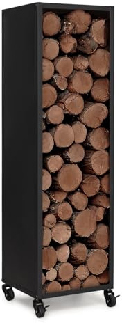 IDMarket - Kaminholzregal, vertikal, Vollstahl, schwarz, Höhe 112 cm, für Kamin mit Rollen