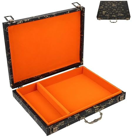 BESPORTBLE Wooden Mahjong Storage Box with Handle - Vintage Chinese Mahjong Game Organizer Case for Full Size Tiles Travel Set Chess Portable Embossed Decorative Box Family Festive