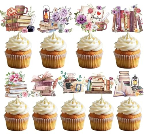 Juego de 36 decoraciones para tartas con temática de libros, libros vintage, decoración para cupcakes, ideal para fiestas de lectura, celebraciones temáticas de biblioteca, accesorios para bautizos de