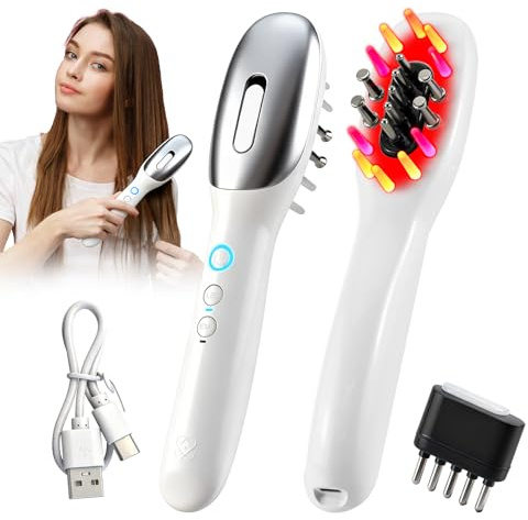 Heasin Cepillo Portátil para Masaje Craneal, Masajeador Cuero Cabelludo con Luz Roja y Azul, Microcorriente EMS y Vibración, Favorece el Crecimiento del Cabello