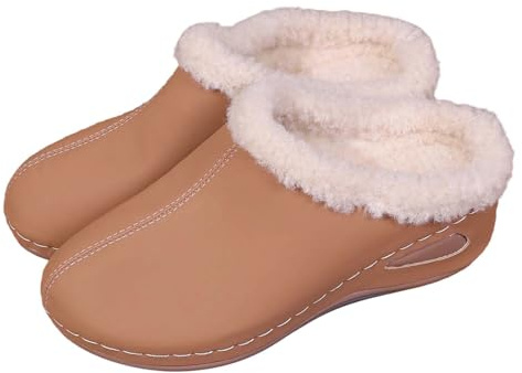 Generisch Zuecos de invierno para mujer con forro polar acogedor, suela antideslizante, como cómodas zapatillas también adecuadas para exteriores, caqui, 37 EU