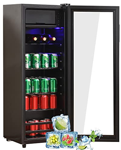 WEALTHKING Réfrigérateur boisson autonome, porte vitrée trempée, zone congélation intégrée, thermostat sept niveaux, compresseur discret, éclairage LED interne, maison bureau camping-car (Noir)