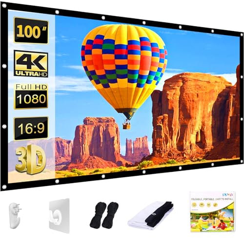 AAJK Projector Screen 100 inch, Washable Projector Screen 16:9 Foldable Anti-Crease Portable Projector Movies Screen for Home Theater Outdoor Indoor Support Double Sided Projection