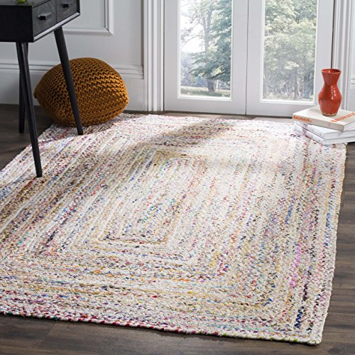 SAFAVIEH Braided Collection Area Rug - 5' Square, Ivory & Multi, Handmade Woven Cotton, Boho Reversible Style, Ideal for Living Room, Bedroom (BRD210B)