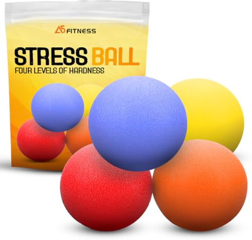 A5 Fitness Stress Balls for Adults – 5.5 cm Diameter Hand Exercise Ball Set for Grip Strength | 4 Resistance Levels: Yellow (30lb), Orange (50lb), Red (80lb), Blue (100lb)