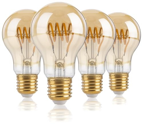 FLSNT Dimmable 4W Ampoule LED à Filament Spirale E27, A60 Rétro Antique Lampe Décorative, 2700K Blanc Chaud 300LM, Verre ambré, Lot de 4