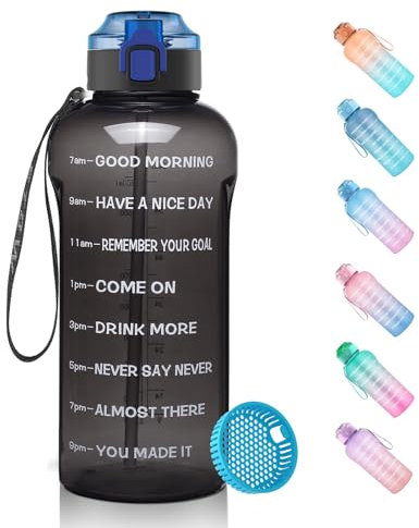 WEMEET Trinkflasche mit Filter 1.5 Liter, [BPA Frei Tritan] Wasserflasche mit Zeitmarkierung, 1500ml Sportflasche mit Flip Top Deckel Auslaufsicher SCHWARZ