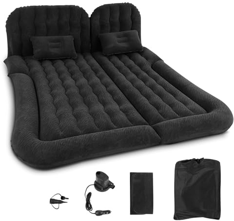 Inflatable Air Mattress Car Travel Bed PVC Flocking Car Air Bed Inflatable Travel Mattress, Unfold Size: 174 x 126cm/68.5 x 49.6in (Black)
