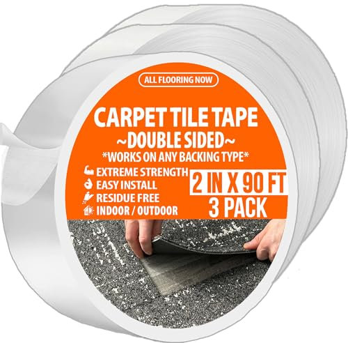 All Flooring Now Carpet Tile Tape Double Sided 2in x 90ft (3 Pack) Heavy Duty Reinforced Web Mesh & Residue Free - Indoor Outdoor for Carpet Tiles, Hardwood, Vinyl, Rugs, Carpet, Rubber & Mat Gripper
