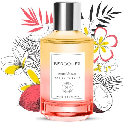 BERDOUES Eau de Toilette Monoï et Coco, Sensuelle et solaire, Made in France, Vegan, Sans colorant, Parfum femme, Coco, Citron et Embruns, flacon, 100ml