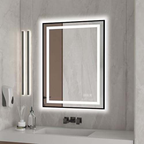 furduzz 450 x 600 mm Bathroom LED Mirror with Black Frame | Wall-Mounted Vanity Mirror with Front, Memory Function, Dimmable, Anti-Fog Hanging Makeup Mirror ,Horizontal/Vertical