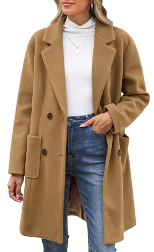 CMTOP Women's Coats Double Breasted Buttons Wool Blend Coat Lapel Collar Winter Pea Coat Mid-Length Overcoat Jackets Autumn Elegant Trench Coat Solid Womens Coats Warm Outerwear(Camel,XXL)