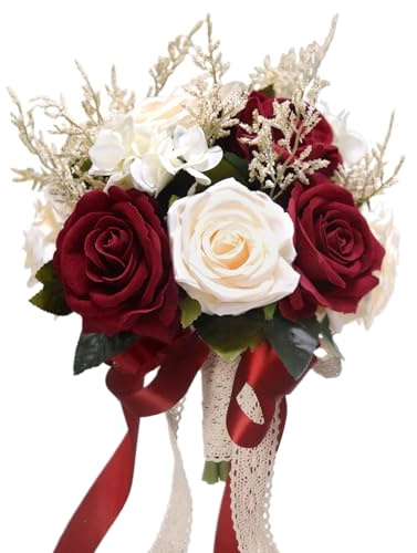 Bouquet da sposa per damigella d'onore, con rose artificiali, in seta sintetica, con nastro, stile bohémien, rustico, decorazione per chiesa (21,8 cm)