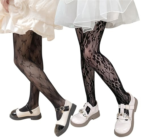 LOLANTA Pack de 2 Medias de Rejilla Fantasía para Niña, Pantys Infantiles de Encaje Calado para Fiesta, Flor/pajarita negra, 5-8 años, M