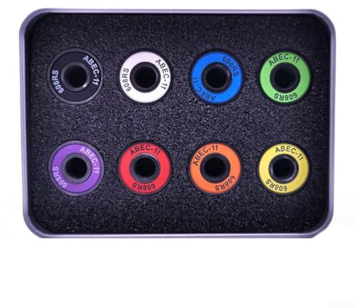 Un ensemble de huit roulements à billes en acier carbone pour skateboard modèle 608RS ABEC11 conçus pour résister à une utilisation intensive (colorés)