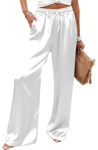 Womens Wide Leg Satin Pants Trousers for Women UK Long Comfort Fit Pants Drawstring Waist Solid Color Smooth Satin Trousers Outdoor Meetups Dark Green L