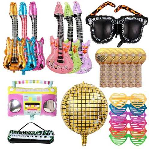 22Pcs Inflatable Instruments Party Props, Inflatable Rock Star Guitars | Microphones, Balloons, Radio and Keyboard, Glasses for 80s 90s Rock Party Favors, Decorations and Photo Booth Props
