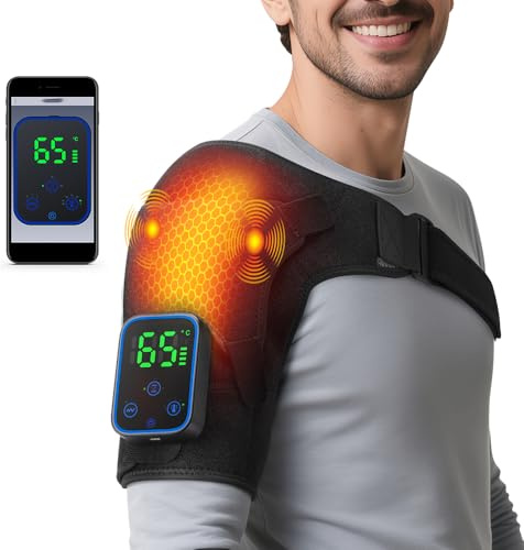 Massaggiatore per spalle con riscaldamento e applicazione, 7 temperature (40 – 70 °C) e 3 modalità di vibrazione, 5000 mAh, ricaricabile, cuscino massaggiante senza fili per spalle, collo e schiena (1
