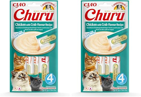 Ciao Churu Sticks by INABA Cat Treat - Chicken & Crab Flavour (4 x 14g) / Soft & Creamy Cat Treat, Delicious & Healthy Snack, Squeezable Purée Food Topper, Pill Assist, Natural, Grain Free (Pack of 2)