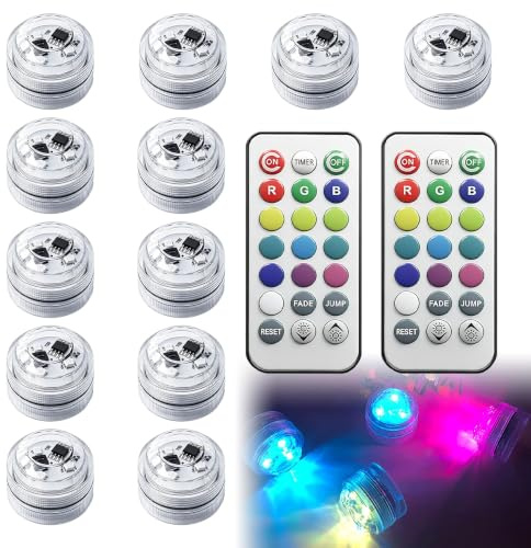 LYPPUL 12 Piezas Mini Luces LED Sumergibles Con Control Remoto, Multicolor LED Iluminación Estanque, Luces para Piscina para Acuario Piscina Jardín