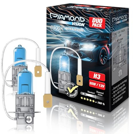 Diamond Vision 2x H3 12V 55W | Xenon Look | Halogen KFZ Autolampen | Kaltweiß | zweimal so langlebig | E-Prüfzeichen | PK22S