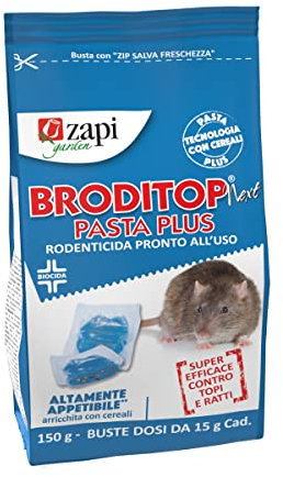 Zapi Garden | Broditop Next Pasta Plus - Rodenticida in Pasta, Topicida per Interno ed Esterno intorno agli edifici, Esche per Topi, Pasta per Disinfestazione di Topi e Ratti, 150g